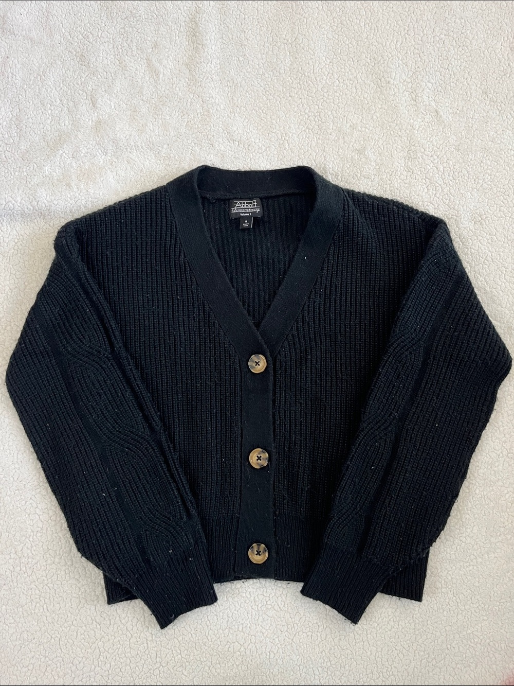 Black Ribbed V-Neck Button Cardigan Sweater – Women